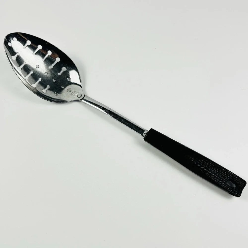 2 Vtg Ecko Spoons Slotted Metal Serving Spoon Utensil Black Plastic Handle